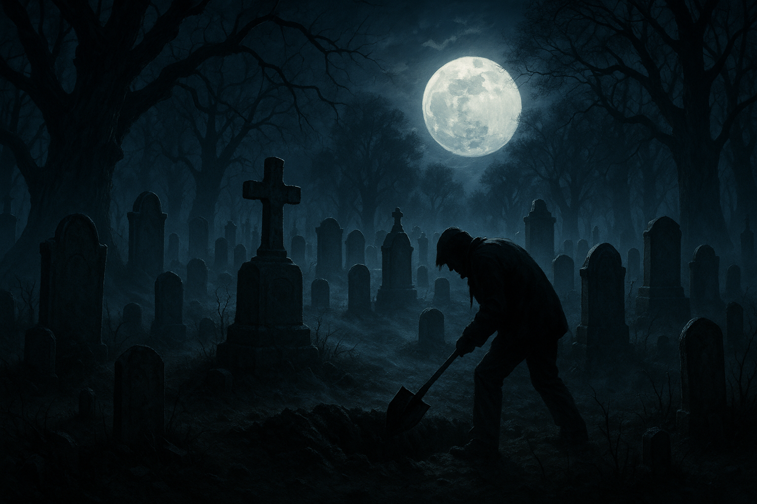 digging dirt in a graveyard at night
