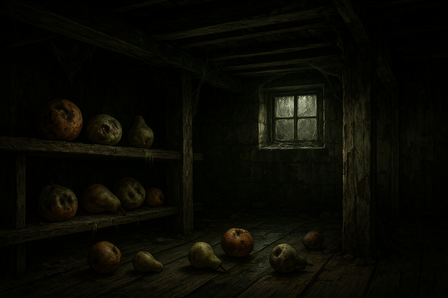 Mildew, Old Wood, Rotting Fruit in a spooky basement